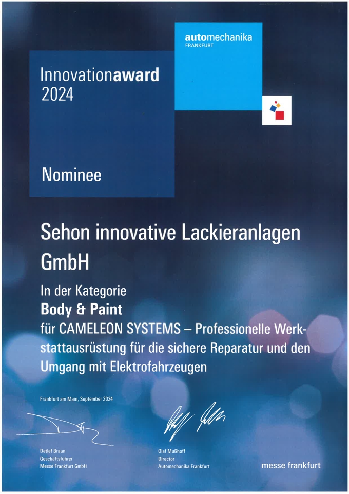 Sehon Urkunde Nominee der Automechanika Innovation Awards